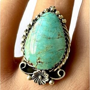 Native American Turquoise Ring Sz 8 Pear Flower‎ Signed Lewis Sterling Navajo